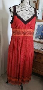 Robbie Bee Red-Orange Midi Dress with Brown Trim
